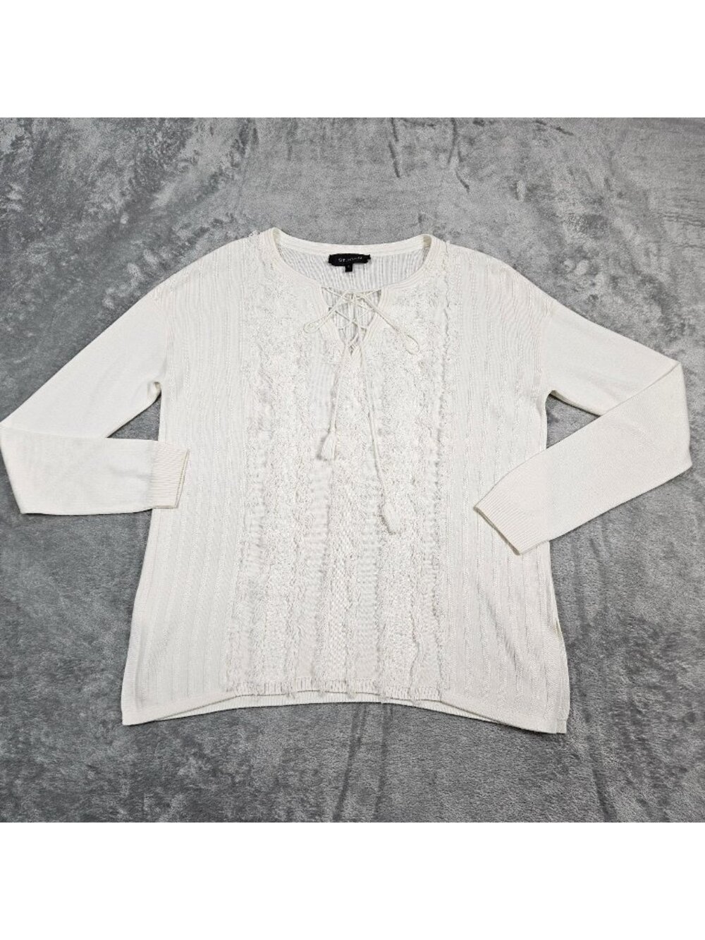 St John Sweater Womens Small Ivory Fringe Detail Tassel Tie Cashmere Blend Top